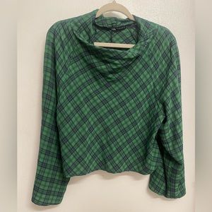 Zara Womens Crop Top Green Plaid Print Top Long Sleeve